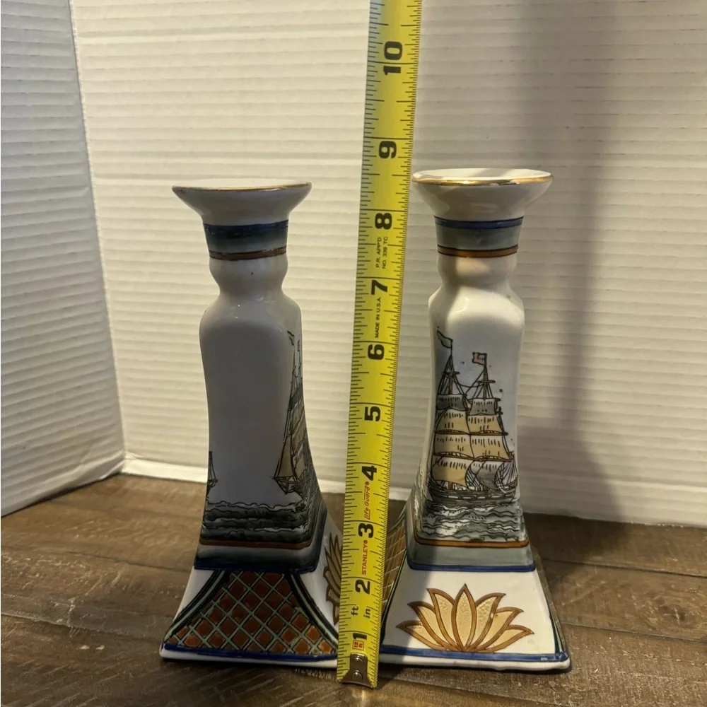 Vintage Nautical Themed Ceramic Candle Holders - White and Gold